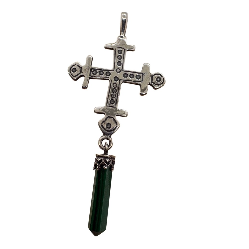 Vintage Sterling Silver Malachite Cross Pendant 925 Gothic Boho Drop 5.34g